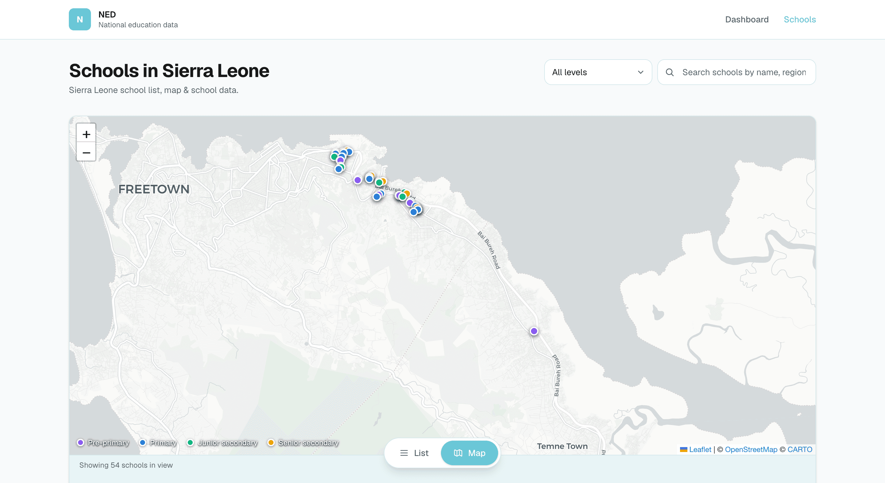 NED schools map showing school locations across Sierra Leone with level filters and search