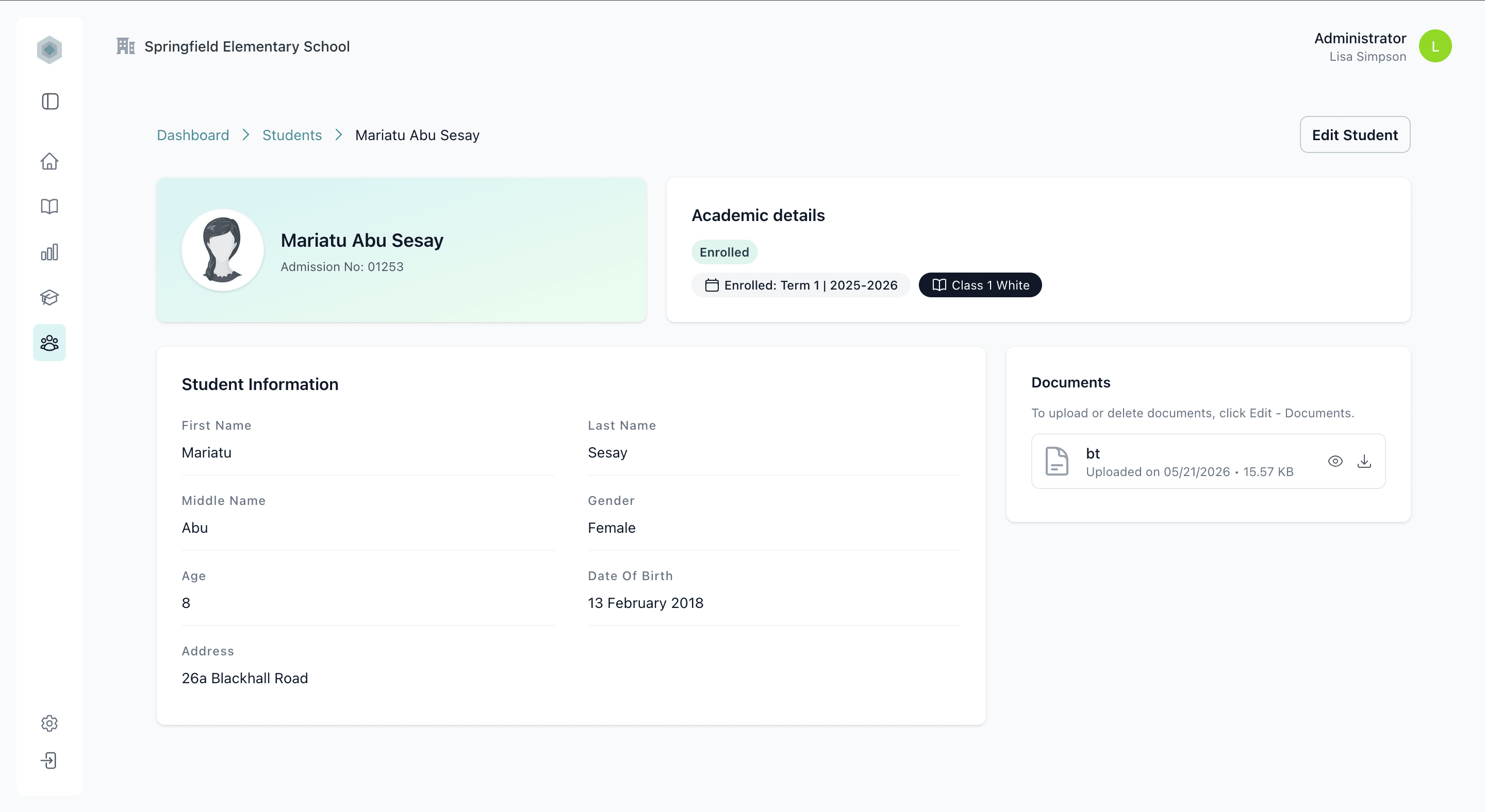 Lepa student profile showing personal details, class assignment, and documents