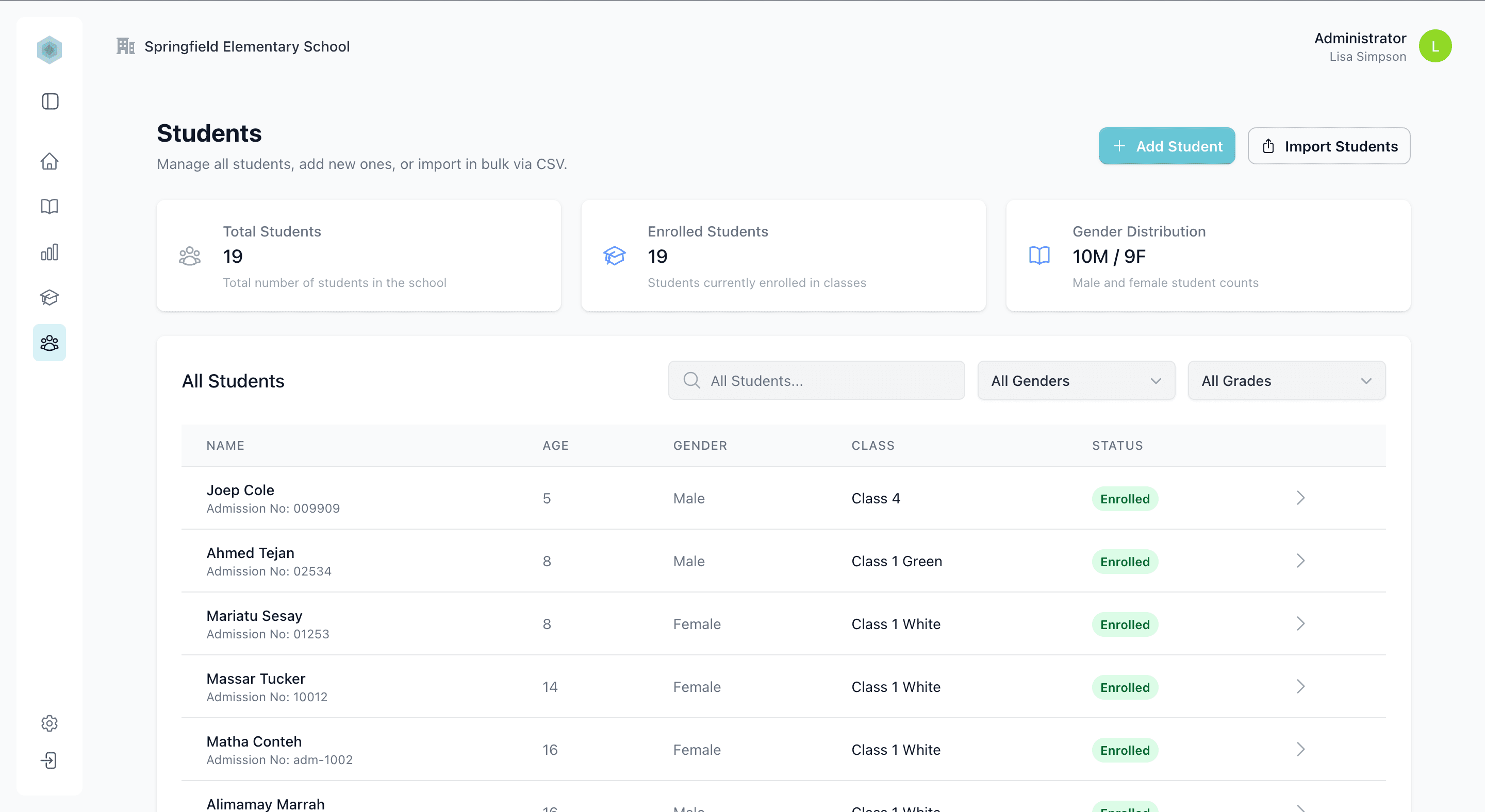Lepa students page with enrollment stats and searchable student list